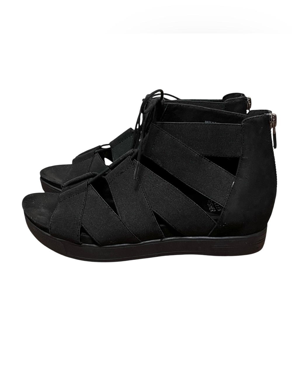 Eileen Fisher Link Elastic Strappy Zip Back Comfort Minimalist Black Sandals — 7 - Picture 4 of 10